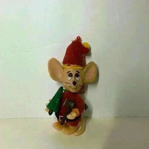 Vintage 1979 Merry Mouse Plastic Christmas Ornament 5” With Tree/Ax Hong Kong